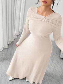 Elenzga Langarm Rippkleid in Große Größen - Aprikosenfarben - Übersicht 5