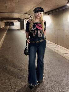 ROMWE J-Fashion 大码女式嬉皮豹纹印花和做旧拼布喇叭裤紧身牛仔裤 - 深灰色 - 查看 4