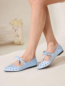 CUCCOO CHICEST 女士平底鞋，春夏新款，饰有蝴蝶结和铆钉，方头设计，优雅的玛丽珍芭蕾平底鞋，杏色仿丝绸材质。舒适百搭，实用性强，适合下午茶、约会、工作、上学等各种场合。 - 霧霾藍 - 查看 8