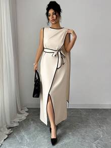 Elenzga Đầm ôm sát không tay, vạt bất đối xứng, thắt eo, phối màu tương phản, thiết kế tinh tế phù hợp cho công sở và phong cách cổ điển thời thượng, thích hợp cho mùa xuân/hè. - Màu be - Xem 5