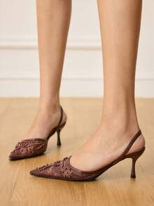 CUCCOO HITCHD 女士优雅尖头露跟高跟鞋，饰有串珠网纱和浪漫蕾丝设计，黑色，适合婚礼、派对、正式场合。 - 鏽棕色 - 查看 5