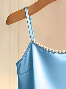 SHEIN Franclia Áo hai dây satin đính hạt thời trang mới, thích hợp mặc vào mùa xuân/hè, có thể mặc lớp hoặc mặc riêng. - Màu xanh nhạt - Xem 6