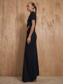 MUSERA Maxikleid mit geraffter Taille, ausgeschnittenem Ausschnitt und Drapierung im T-Shirt-Stil, niedlich, sexy, für Ausgehen, Abendparty, Valentinstag, Frühling, Sommer, Feiertage, Hochzeitsgast, elegant, Abschlussfeier - Schwarz - Übersicht 3
