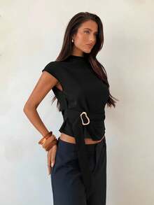 Aloruh 咖啡色金属扣装饰办公衬衫 - 黑色 - 查看 5