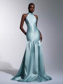 Elitara 优雅浪漫时尚的蓝色缎面高领露背吊带可调节系带荷叶边下摆正式派对礼服、婚礼宾客礼服、蓝色长裙、时尚优雅伴娘礼服、正式晚礼服 - 霧霾藍 - 查看 7