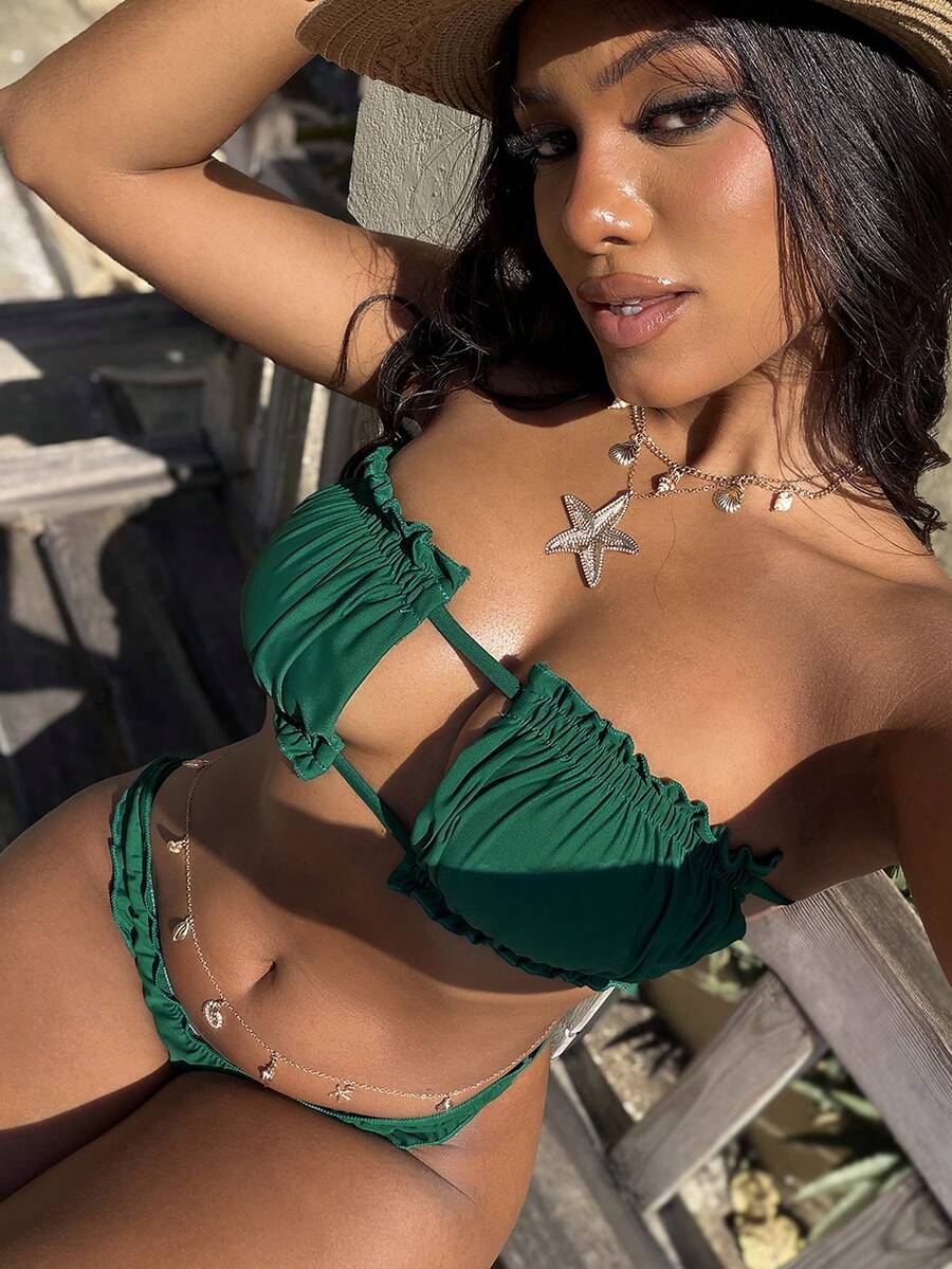 Vaytide Summer Beach Ruched Lettuce Trim Bandeau Bikini Set - Green - View 1