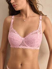 Charlaine 1件装女士浪漫蕾丝文胸，性感薄款内衣，简约文胸 - 粉色 - 查看 2