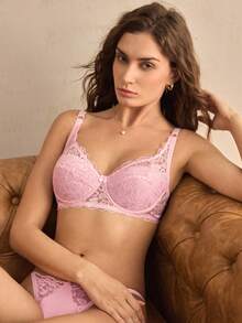 Charlaine 1件装女士浪漫蕾丝文胸，性感薄款内衣，简约文胸 - 粉色 - 查看 3