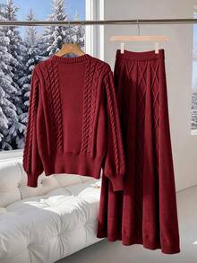 GlowEve CURVE Women's New V-Neck Rope Pattern Classic Design Hem Drawstring Long Sleeve Regular Knitted Cardigan, Elastic Waist Rope Pattern Flared Midi Elegant Versatile Date Sweet Sweater Set, Autumn/Winter