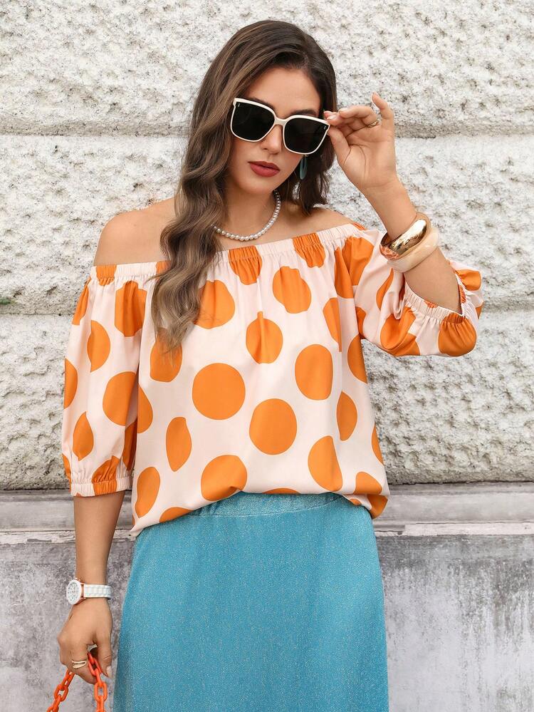 Plus Size Color Block Polka Dot Print Off-Shoulder Blouse For Summer/ Vacation Orange Off Shoulder Top Summer For Women Carnival Costume For Women Beach Holidays Going Out Top