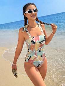 SHEIN 少女夏季海滩针织肩带蝴蝶结不对称笔触印花连体泳衣