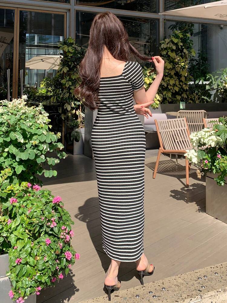 Spring & Summer Textured Black & White Striped Dress, Elegant For Valentine's Day, Wedding, Party, Fitted Waist With Metal Buckle Decor, Short Sleeve, Suitable For Commuting Sundress