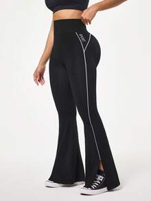 Seamluxe SHEIN Sport High Waist Seamless Stretchy Flare Leg Women Sports Pants With Contrast Trim - Black - View 4
