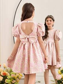 SHEIN 少女优雅圆领泡泡袖露背提花面料中长连衣裙 - 淺粉色 - 查看 1