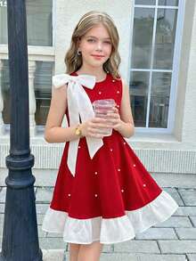 Serisse Kids Robe élégante à encolure ronde avec nœud papillon, décoration de perles et ourlet à volants contrastés pour la taille. Tenue assortie pour sœurs - Rouge - Voir 1