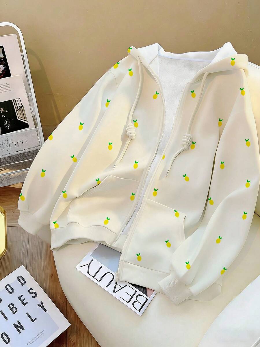 Resyla 女士户外上衣，秋季，秋季外套，户外服装，秋冬季，清新柠檬黄，返校季，教师节，休闲百搭，图案设计，柠檬印花，女士卫衣 - 淡黃色 - 查看 1