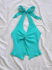 Soleia 女士时尚性感沙滩度假风纯色扭结露背吊带背心，夏季假日蓝色上衣，适合沙滩度假和休闲场合。 - 藍色 - 查看 3