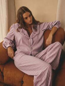 Aralina Sleepwear 2pcs Striped Collared Ruffle Neck Long Sleeve Balloon Sleeve Button Down Shirt And Wide Leg Long Pants Matching Set , Cute Cosy Christmas Pajamas - Dusty Pink - View 5