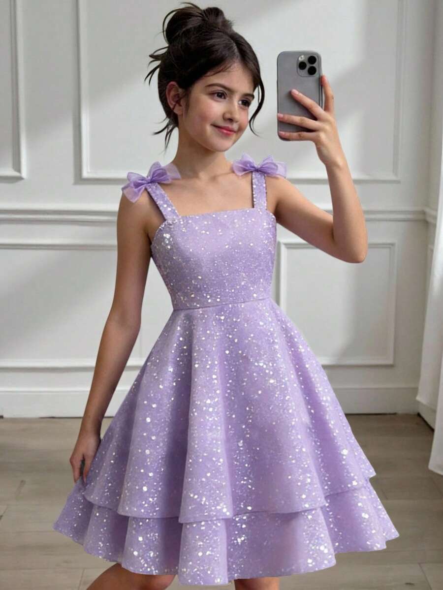 优雅少女蝴蝶结装饰A字荷叶边网纱吊带裙，适合晚宴和宴会穿着 - 紫色 - 查看 1