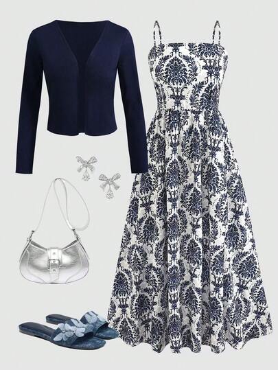 SHEIN Girlism Teen Girls 2-Piece Set,Navy Blue Cardigan Knit Jacket With Vintage Elegant Floral Camisole Dress,White Summer Party Outfits For Kids & Women,Church