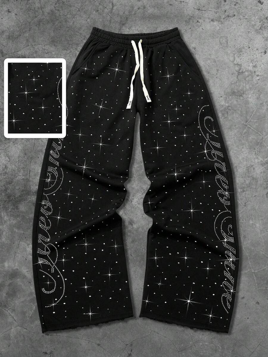 ROMWE MEN Street Life Streetwear Style Rhinestone English Text Straight Leg Sweatpants