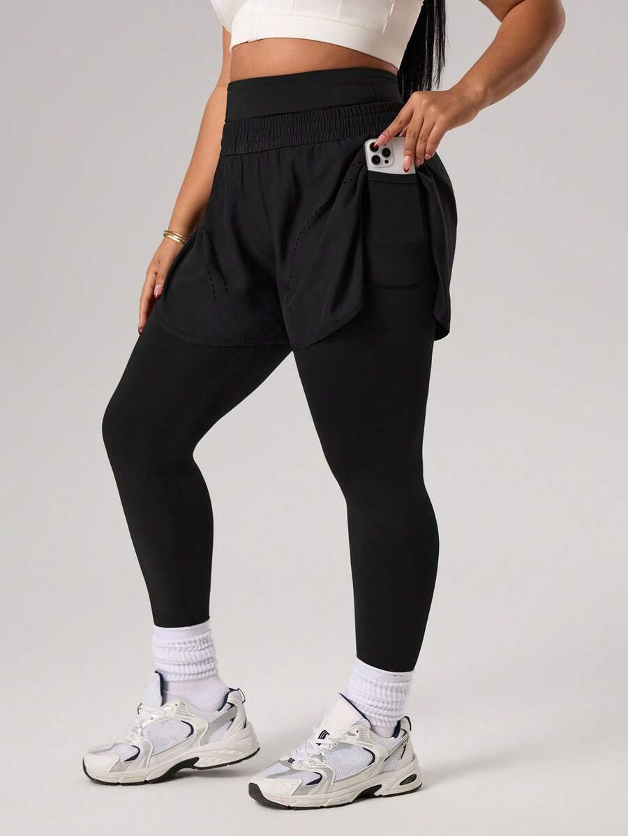 Rhythm Era Legging Olahraga Harian Serbaguna Kasual Warna Polos untuk Wanita Ukuran Plus - Hitam - View 1