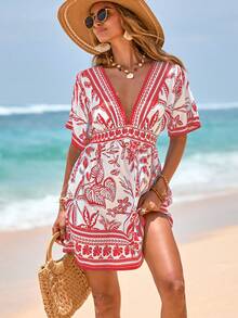 Swim Vcay Damen V-Ausschnitt tailliertes Kurzarm Kleid mit Muster, Strandüberwurf, Frühling/Sommer - Rot - Übersicht 5