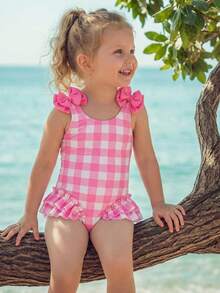 SHEIN Young Girls/Young Girl Cute Bow-Decorated Ruffled One-Piece Swimsuit,Light Pink Plaid Swimsuit
