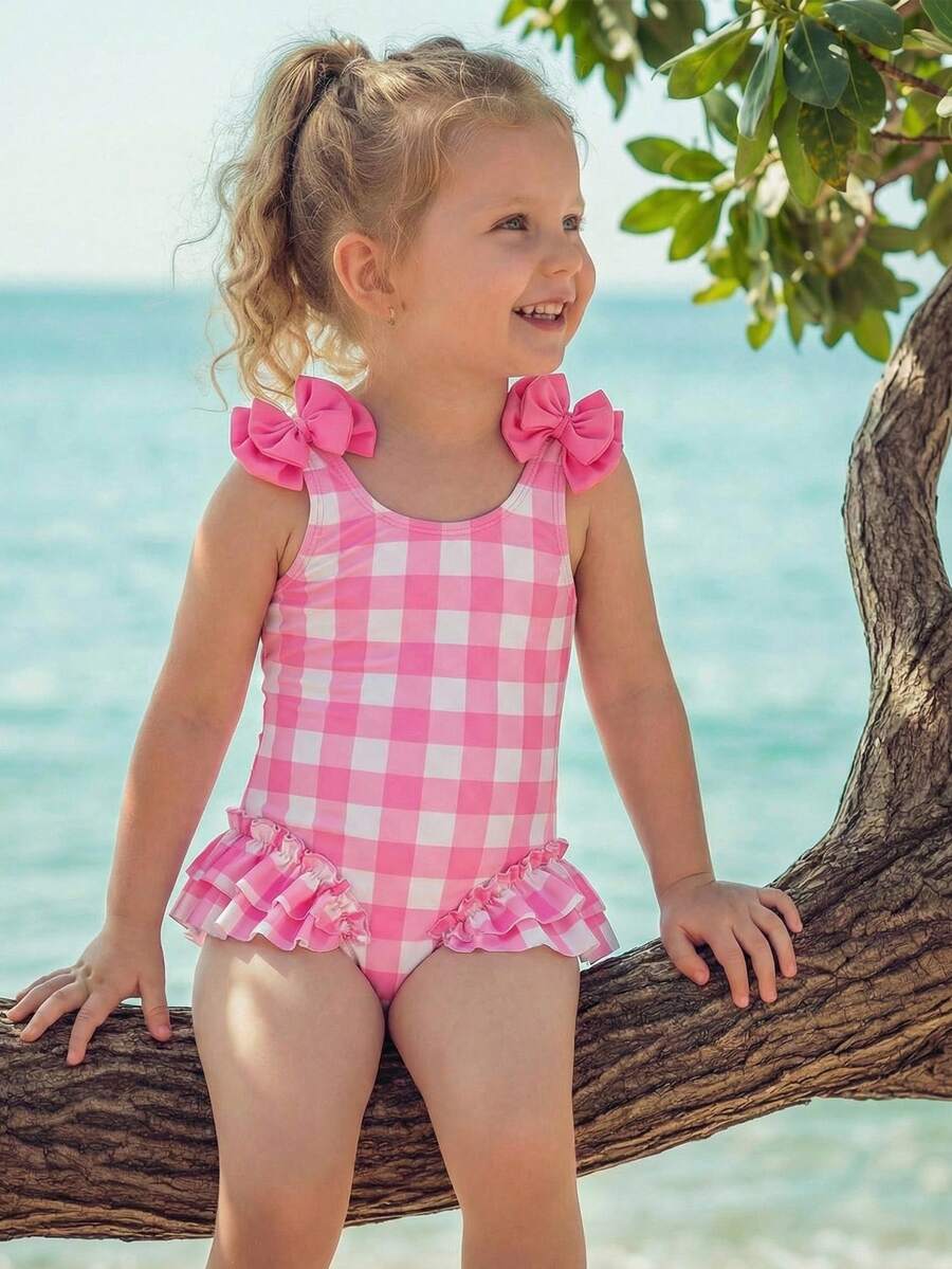 SHEIN Young Girls/Young Girl Cute Bow-Decorated Ruffled One-Piece Swimsuit,Light Pink Plaid Swimsuit
