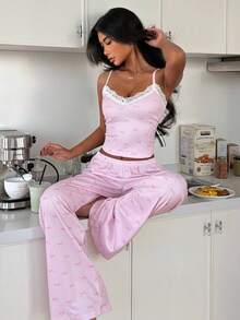 SHEIN Women's Sleepwear Set, Pink Bow Print, Lace Trim V-Neck Camisole And Long Pants - Pink - View 7