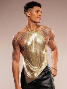 FeverCity Men's Casual Sexy Metal Chain Sleeveless Halter Neck Tank Top, Spring/Summer - Gold - View 5
