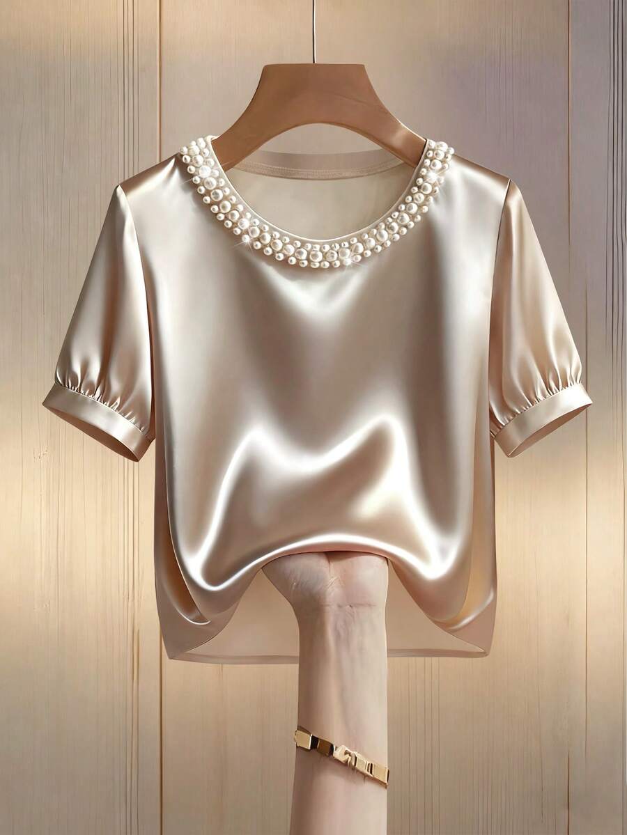 Franclia Petite 女士优雅圆领串珠针织休闲短款T恤 - 杏色 - 查看 1