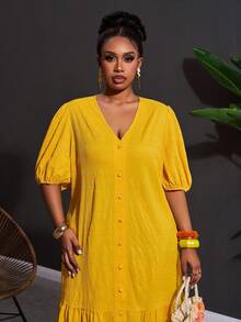 Veslaya Vestido maxi de manga larga con botones, cuello de camisa y textura amarilla, para mujer talla grande. Ideal para festivales de música, Pascua, estilo occidental, nómada, fiestas de cumpleaños, graduaciones, universidad, uso diario casual, básico, ocio, vacaciones, cruceros, playa, tomar el sol, ropa urbana, invitada de boda, ir al trabajo, brunch, aeropuerto, fiestas, salidas festivas, banquetes elegantes, bailes, casual y elegante de alta gama. - Amarillo - Ver 8