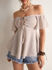 Freevana Boho White Striped Cold-Shoulder Top For Women,Summer Casual Drawstring V-Neck Puff Sleeve Sheer Knit Blouse,Vacation Holiday Tie Up Cropped Tee Shirt - Beige - View 5