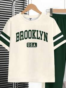 Tween Boy New Casual Minimalist Y2K Classic Color Block English Letter Sports Style Loose Comfortable Fashion Simplistic Crew Neck Short Sleeve T-Shirt And Pants Set - Multicolor - View 4