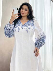 Modelyn Plus Size Women Floral Print Long Sleeve A-Line Waist Elegant Romantic Dress - Multicolor - View 2