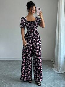 Rafferiza 女士优雅度假束腰印花连体裤 - 玫紅色 - 查看 5