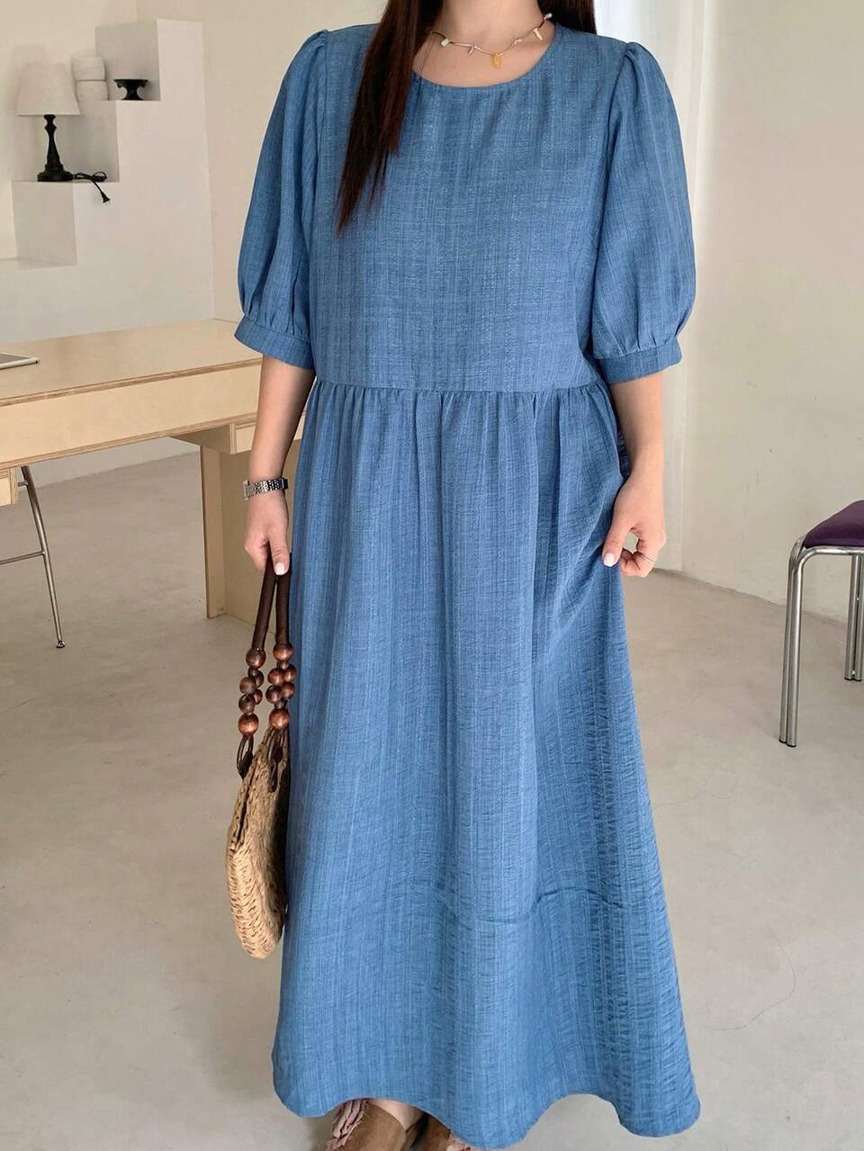 Dazy Plus Plus Size Women's Casual Loose Solid Color Round Neck Short Sleeve Vacation Style Blue Maxi Dress, Spring/Summer Sundress