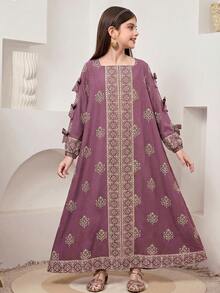 SHEIN 少女纯色拼接条纹方领蝴蝶结装饰长袖宽松A字连衣裙，适合旅行、度假、乡村风、休闲度假、波西米亚风，可与姐妹和女儿搭配穿着。 - 彩色 - 查看 12