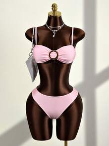 Bonvoyette Women's Plain Pink Fabric Short Skirt Bikini Set With Knot Detail And Spaghetti Straps - Pink - View 7