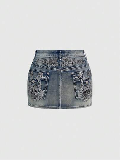 Grunge Punk Damen Große Größen Y2K Vintage Flügel Totenkopf bestickte Super kurze Denim Rock
