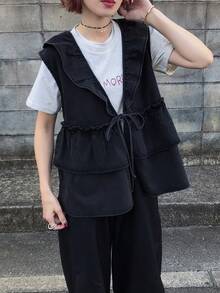 FRIFUL Women's Waist Tie Patchwork Ruffle Hem Denim Vest Jacket - Grey - View 5