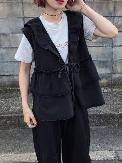 FRIFUL 女士腰带拼接荷叶边牛仔背心外套