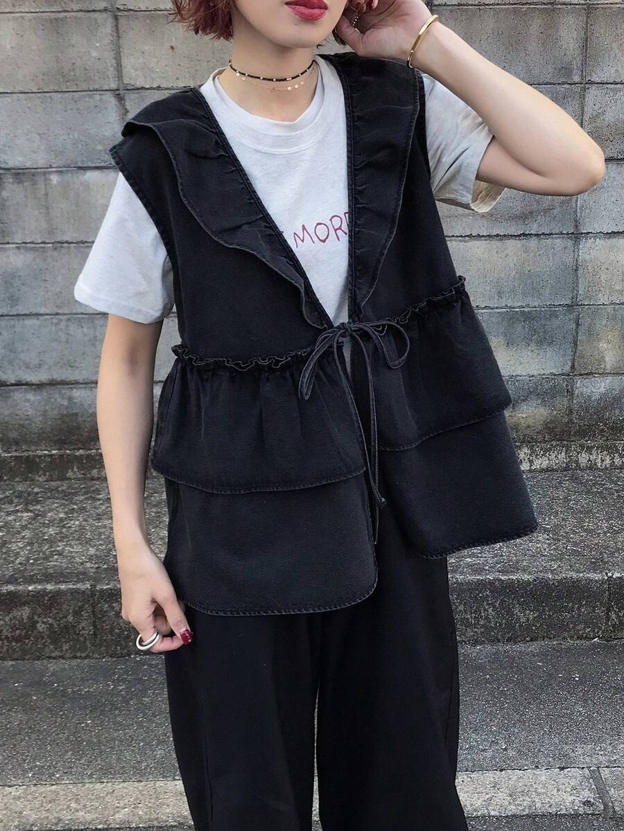 FRIFUL 女士腰带拼接荷叶边牛仔背心外套 - 灰色 - 查看 1