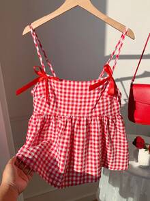 Comfortcana 2026 新款春夏时尚女装休闲可爱乡村度假风格纹蝴蝶结装饰吊带娃娃衫，夏季女装上衣，情人节派对上衣，海滩外出上衣，优雅女士度假上衣，女士休闲上衣，Y2K 风格红色上衣 - 酒紅色 - 查看 5