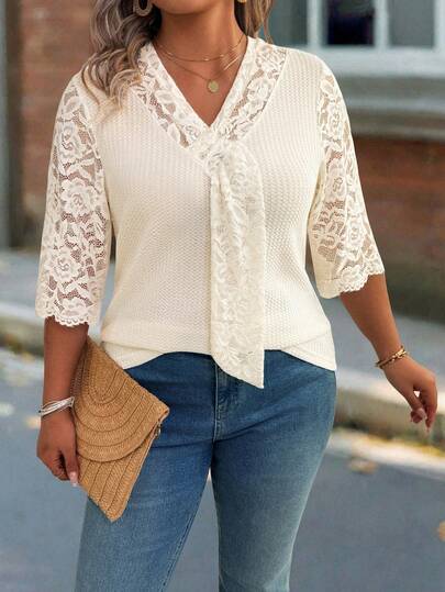 EMERY ROSE Plus Size Women Summer Casual Vacation V-Neck Contrast Lace Waffle Fabric Blouse