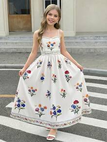 SHEIN Serisse Kids Tween Girl Ditsy Floral Sleeveless Mid-Length Dress - Multicolor - View 7