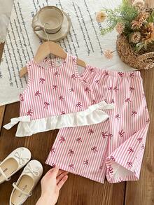 SHEIN 女婴可爱度假休闲条纹荷叶边吊带背心和松紧腰裤套装 - 彩色 - 查看 1