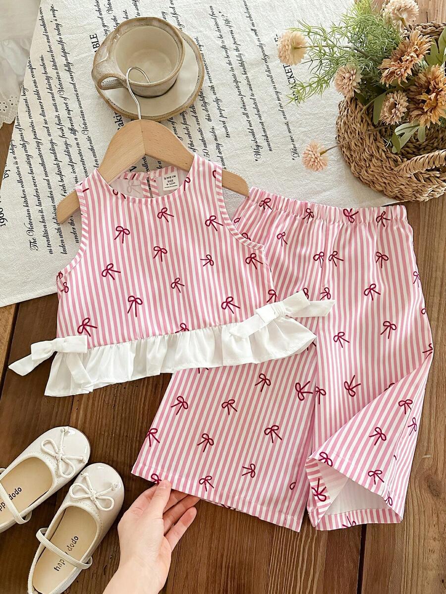 SHEIN 女婴可爱度假休闲条纹荷叶边吊带背心和松紧腰裤套装 - 彩色 - 查看 1