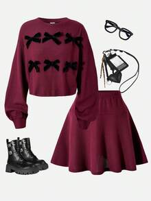 Tween GirlsRed Loose Puff Sleeve Top And Skirt Set, Fashionable For Back To School Wear In Autumn/Winter - Burgundy - View 5